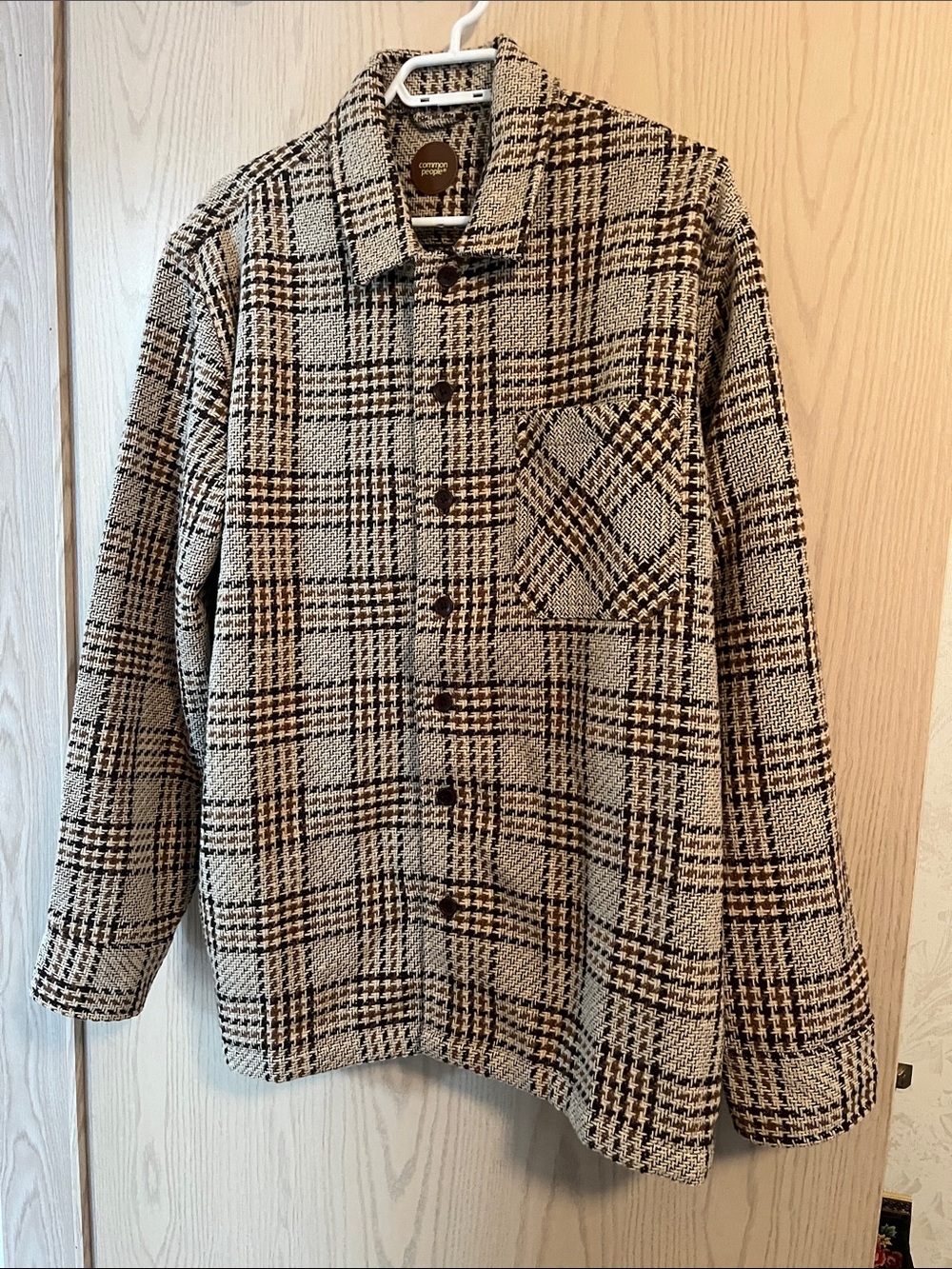 Men's Lightweight Plaid Shirt Jacket in Beige and Black